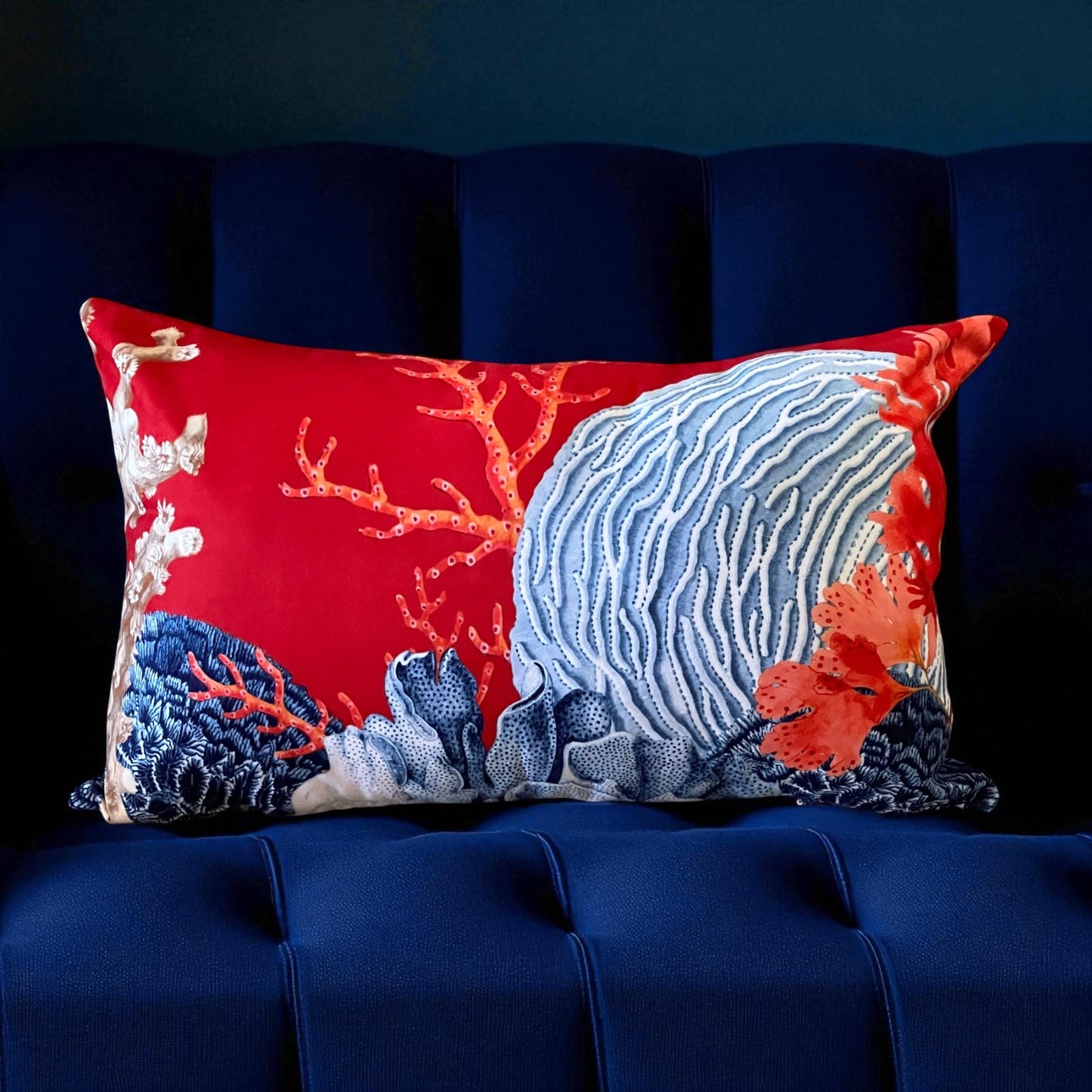 Mediterranean Coral Reef Cushion Cover – Blue & Red, Nautical Coastal Cushion Covers