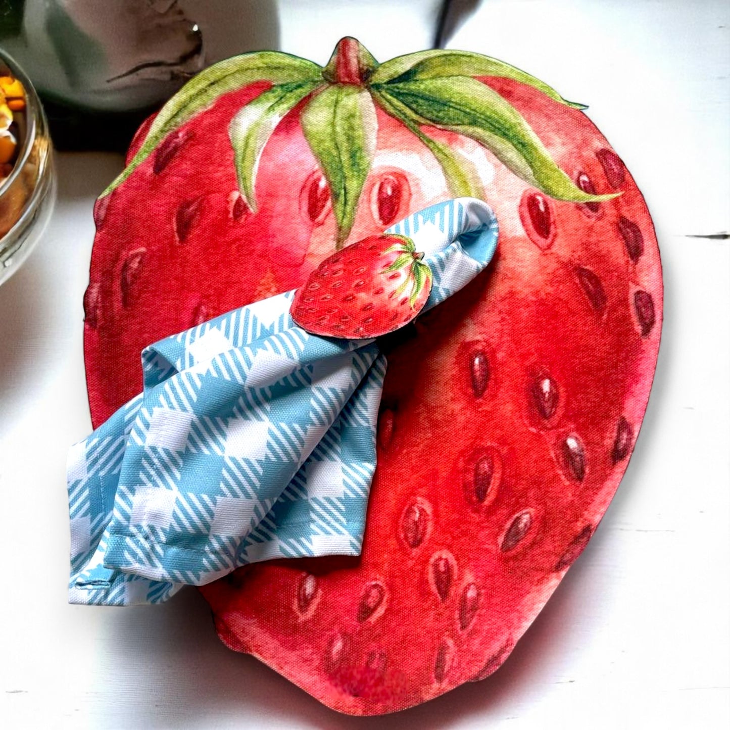 Set of 4 Strawberry Placemat with Napkin& Napkin Ring| Fruit Table Decor Set| Summer Picnic Tableware | 3D-look print on high quality fabric