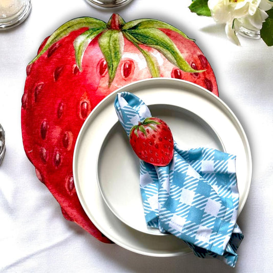 Set of 4 Strawberry Placemat with Napkin& Napkin Ring| Fruit Table Decor Set| Summer Picnic Tableware | 3D-look print on high quality fabric