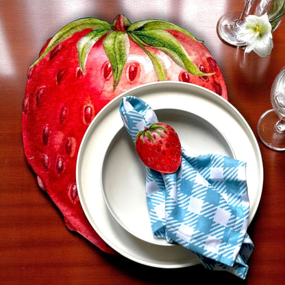 Set of 4 Strawberry Placemat with Napkin& Napkin Ring| Fruit Table Decor Set| Summer Picnic Tableware | 3D-look print on high quality fabric
