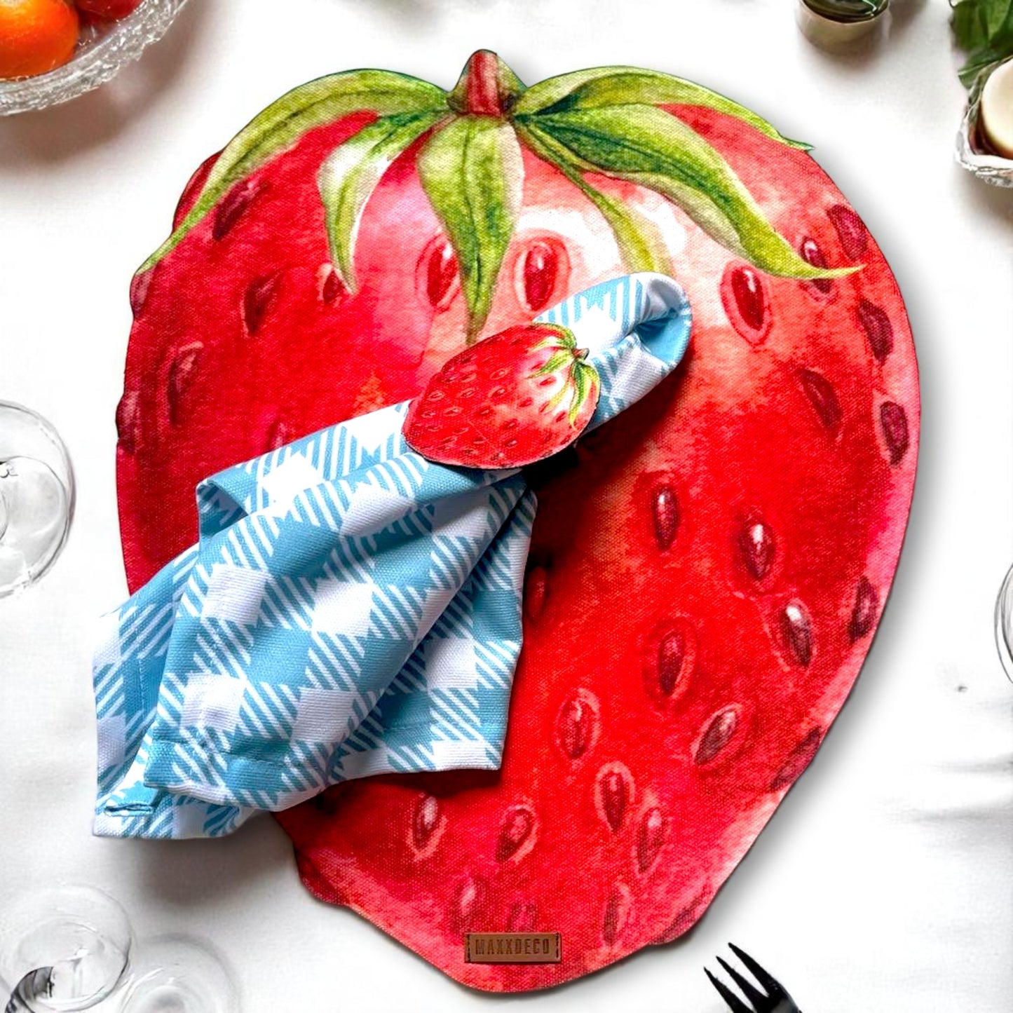 Set of 4 Strawberry Placemat with Napkin& Napkin Ring| Fruit Table Decor Set| Summer Picnic Tableware | 3D-look print on high quality fabric