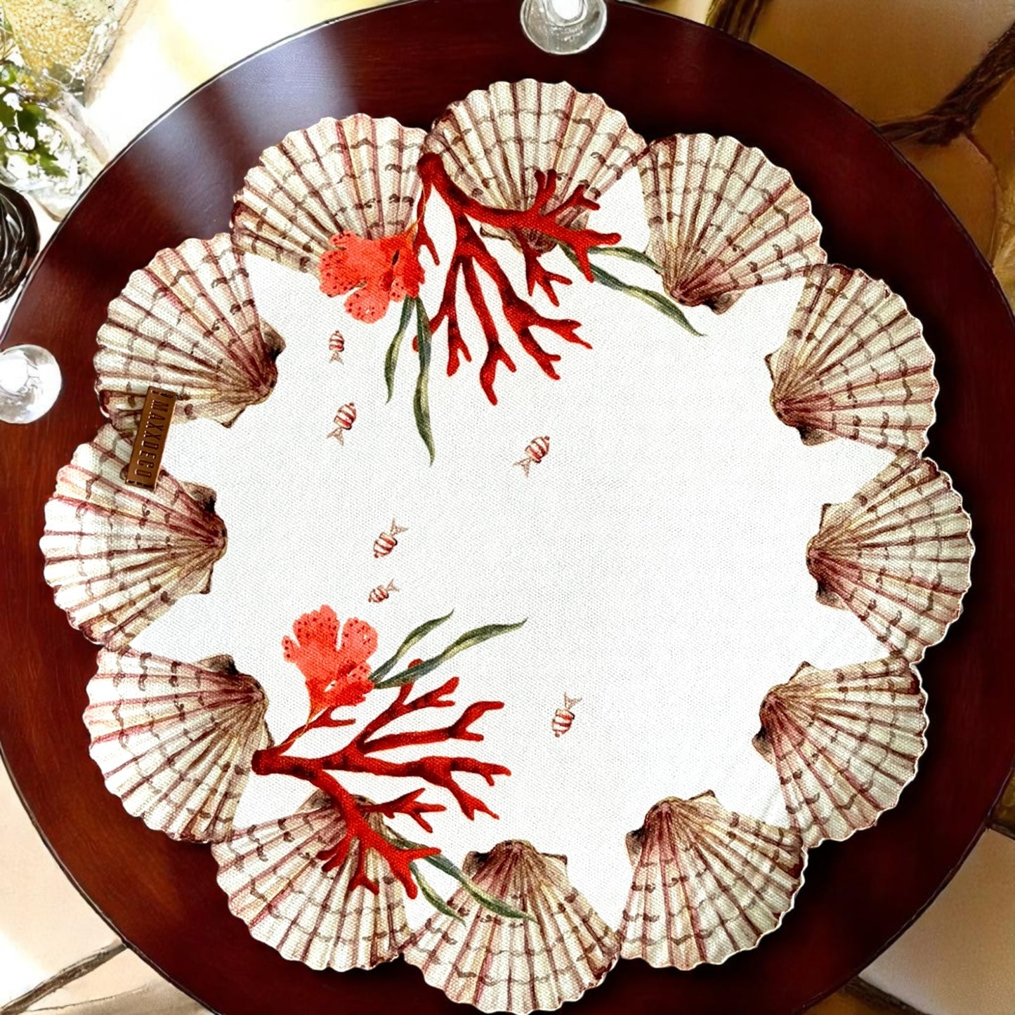 Set of 4 Coastal Seashell Placemat with Coral Napkin& Shell Ring| Ocean Theme Table Decor| Beach House, 3D-look print on high quality fabric