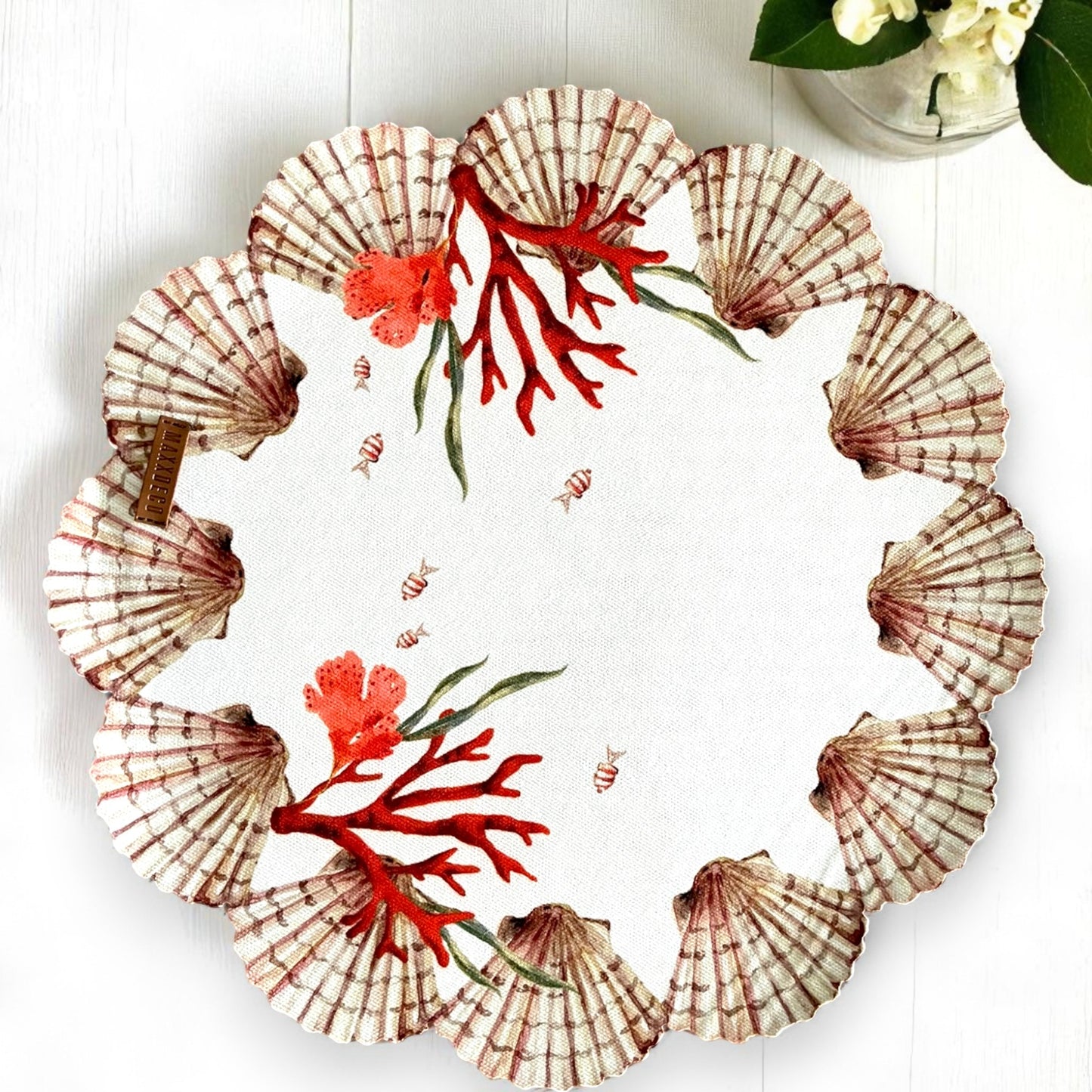 Set of 4 Coastal Seashell Placemat with Coral Napkin& Shell Ring| Ocean Theme Table Decor| Beach House, 3D-look print on high quality fabric
