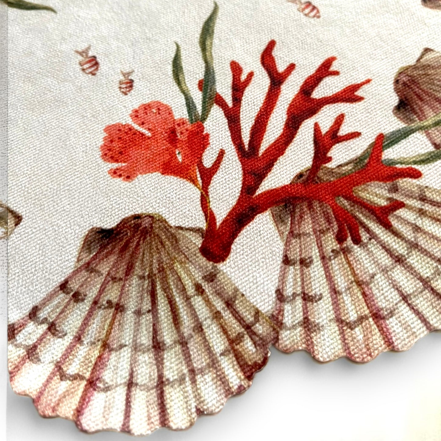 Set of 4 Coastal Seashell Placemat with Coral Napkin& Shell Ring| Ocean Theme Table Decor| Beach House, 3D-look print on high quality fabric