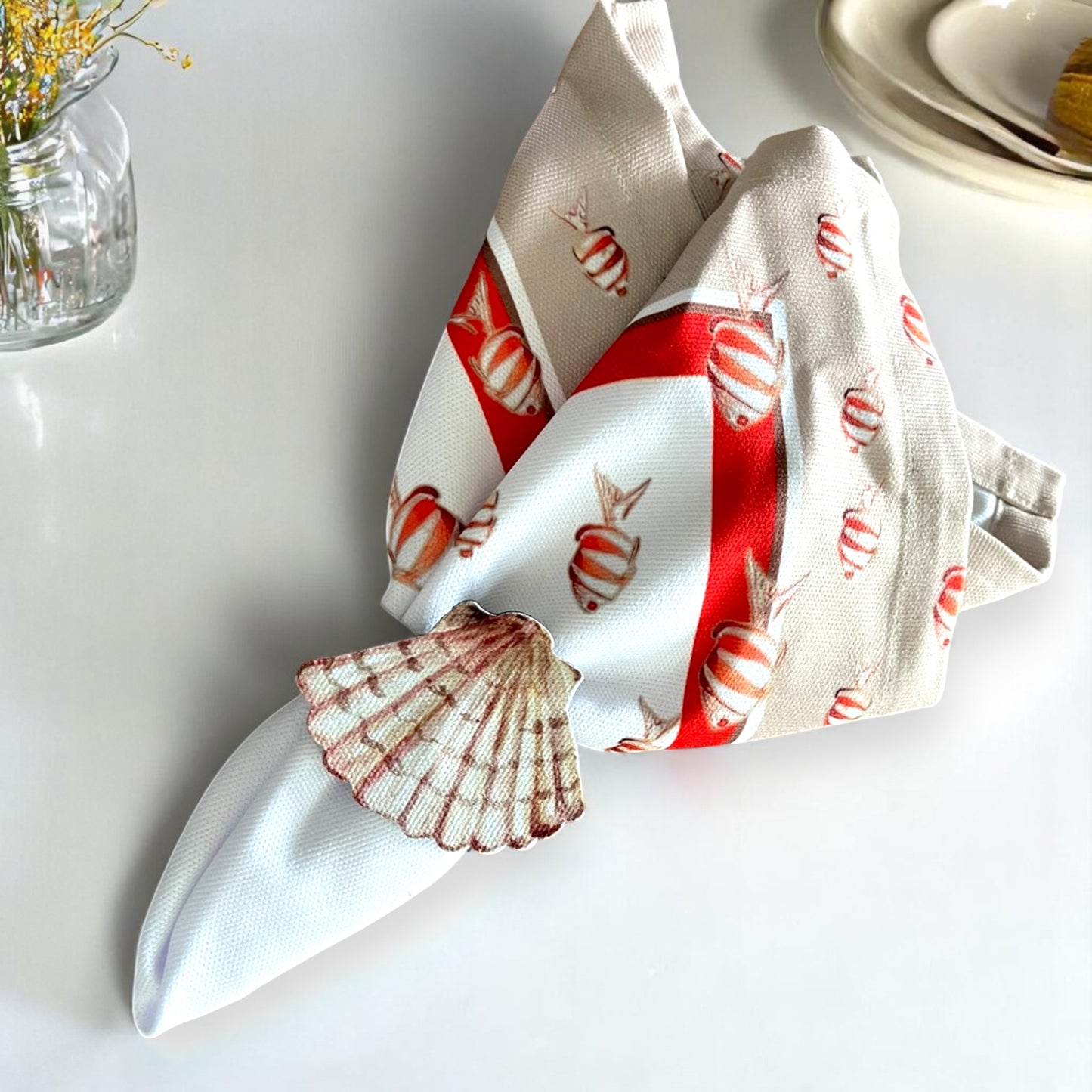 Set of 4 Coastal Seashell Placemat with Coral Napkin& Shell Ring| Ocean Theme Table Decor| Beach House, 3D-look print on high quality fabric