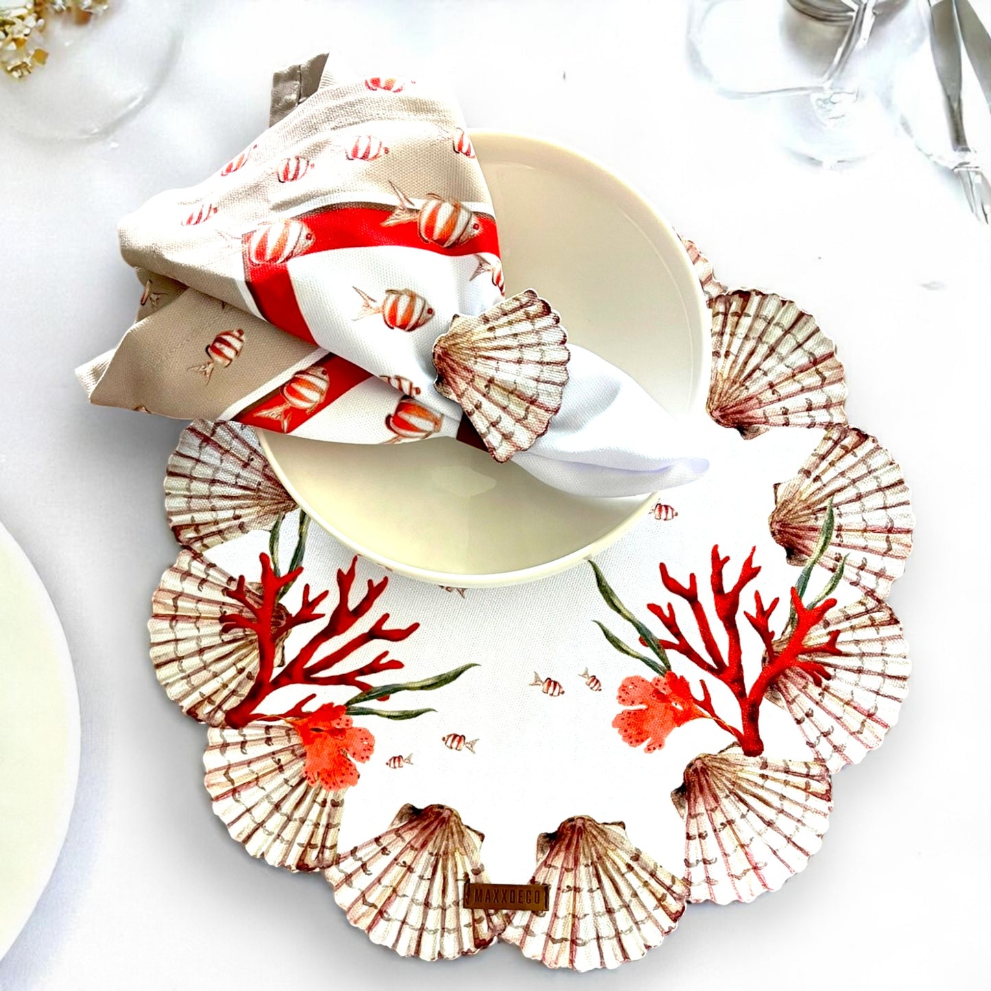 Set of 4 Coastal Seashell Placemat with Coral Napkin& Shell Ring| Ocean Theme Table Decor| Beach House, 3D-look print on high quality fabric