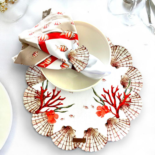 Set of 4 Coastal Seashell Placemat with Coral Napkin& Shell Ring| Ocean Theme Table Decor| Beach House, 3D-look print on high quality fabric