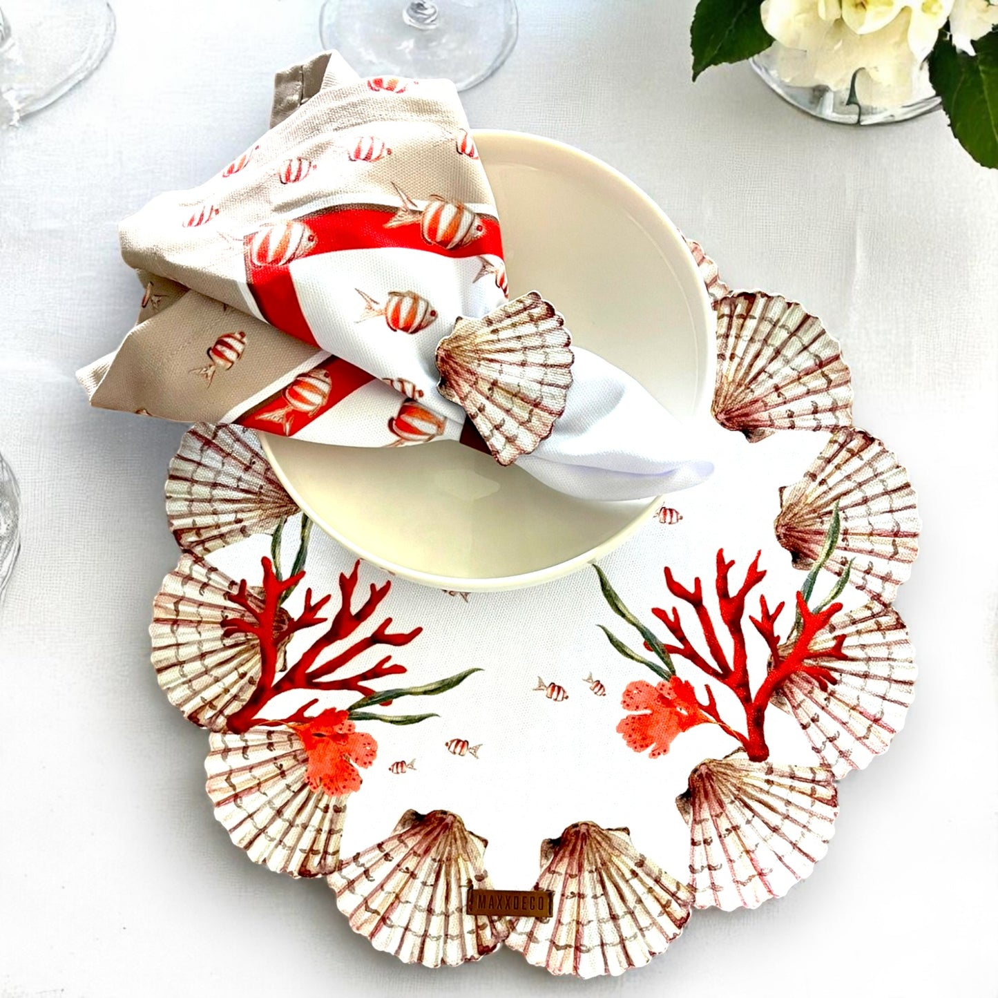 Set of 4 Coastal Seashell Placemat with Coral Napkin& Shell Ring| Ocean Theme Table Decor| Beach House, 3D-look print on high quality fabric