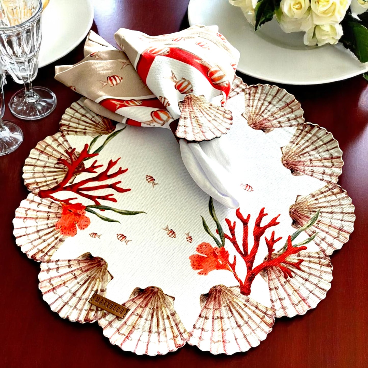 Set of 4 Coastal Seashell Placemat with Coral Napkin& Shell Ring| Ocean Theme Table Decor| Beach House, 3D-look print on high quality fabric