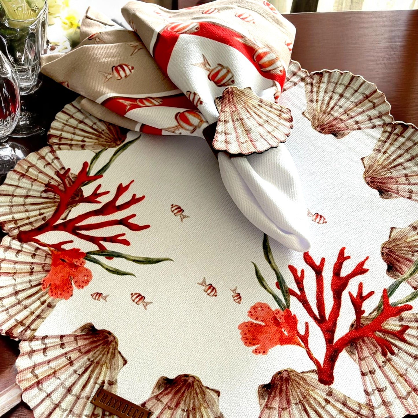 Set of 4 Coastal Seashell Placemat with Coral Napkin& Shell Ring| Ocean Theme Table Decor| Beach House, 3D-look print on high quality fabric