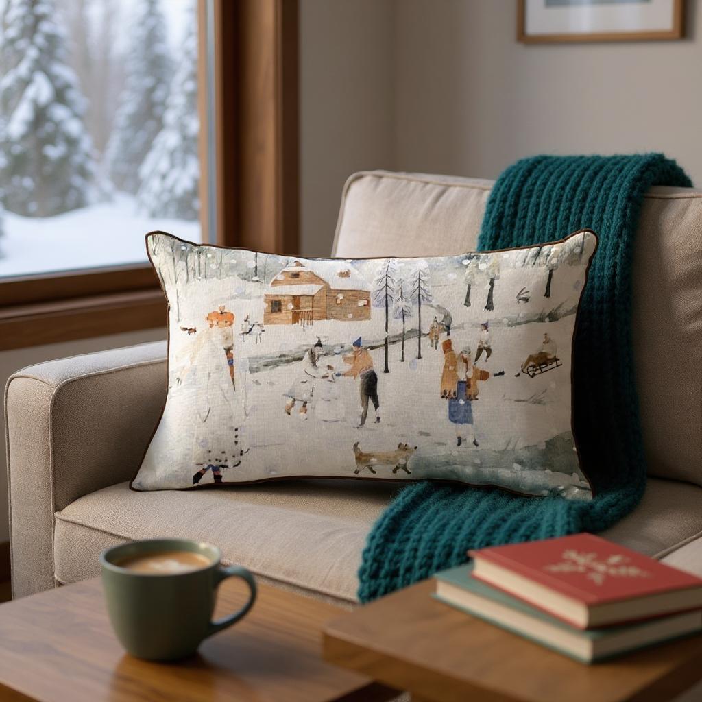 Winter Scene Lumbar Cushion Cover – 30x50 cm | Snowy Village Design