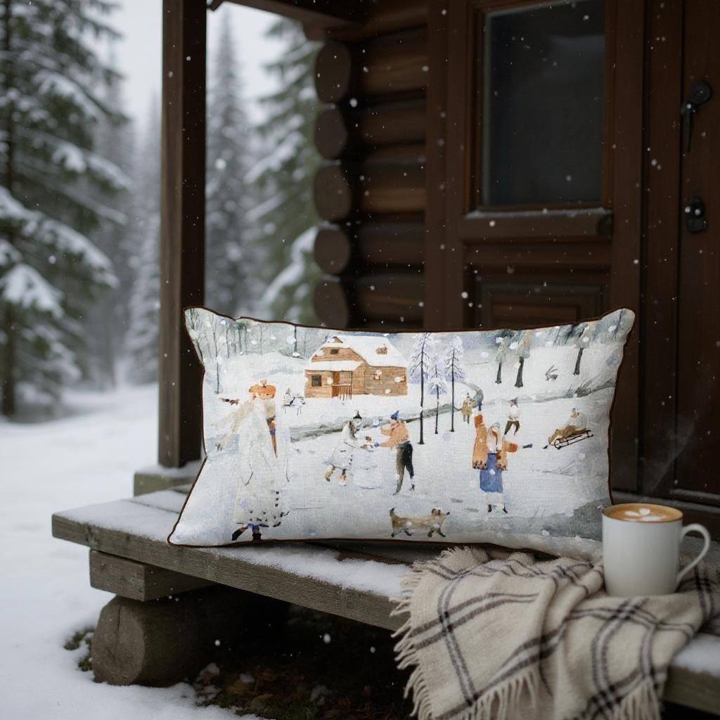 Winter Scene Lumbar Cushion Cover – 30x50 cm | Snowy Village Design