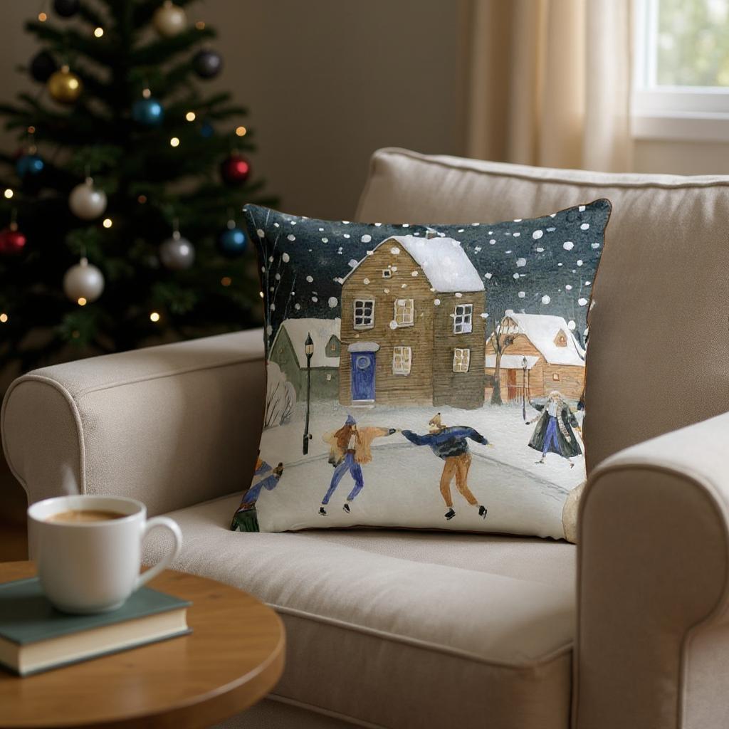 Winter Village Cushion Cover – 43x43 cm | Cozy Snowy Night Design