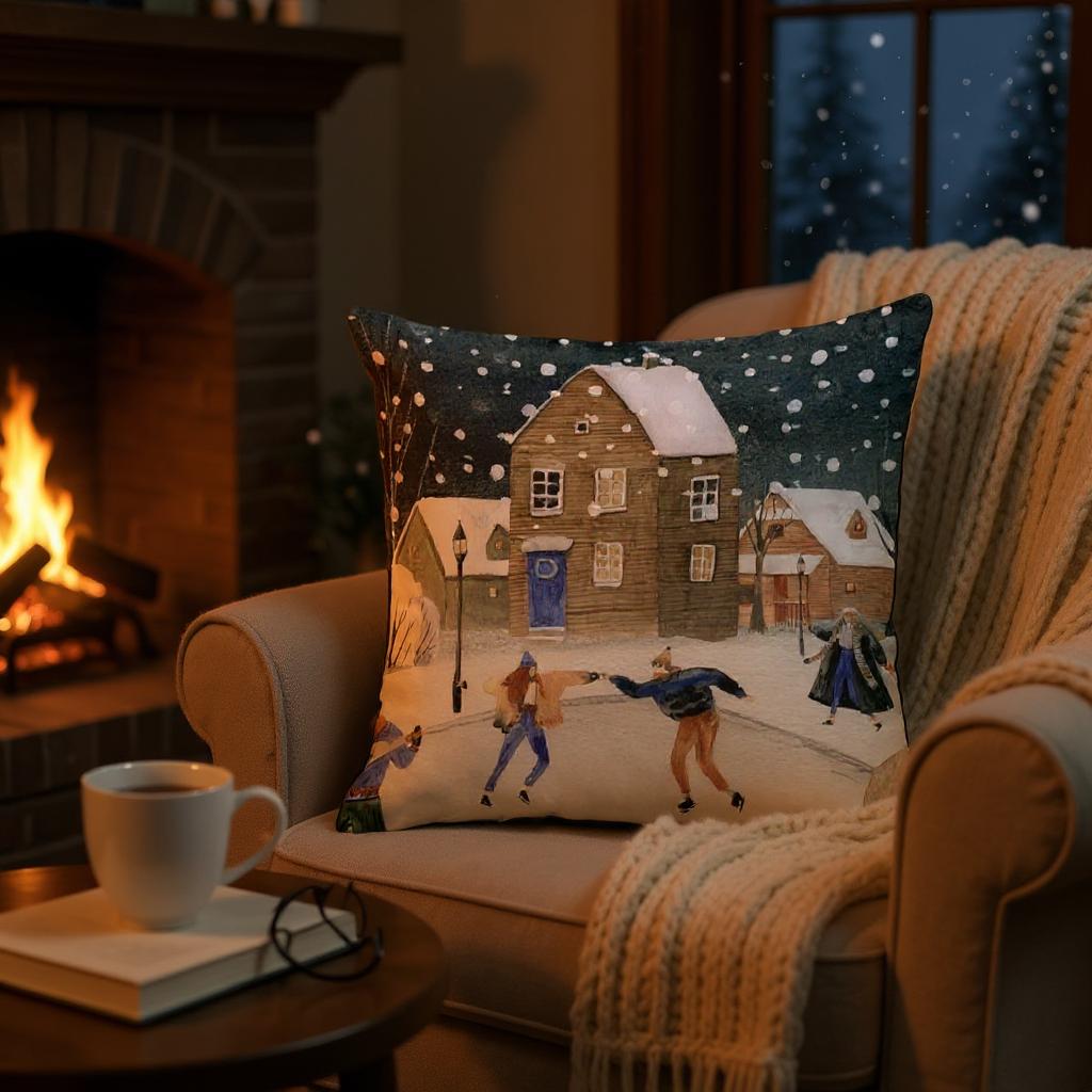 Winter Village Cushion Cover – 43x43 cm | Cozy Snowy Night Design