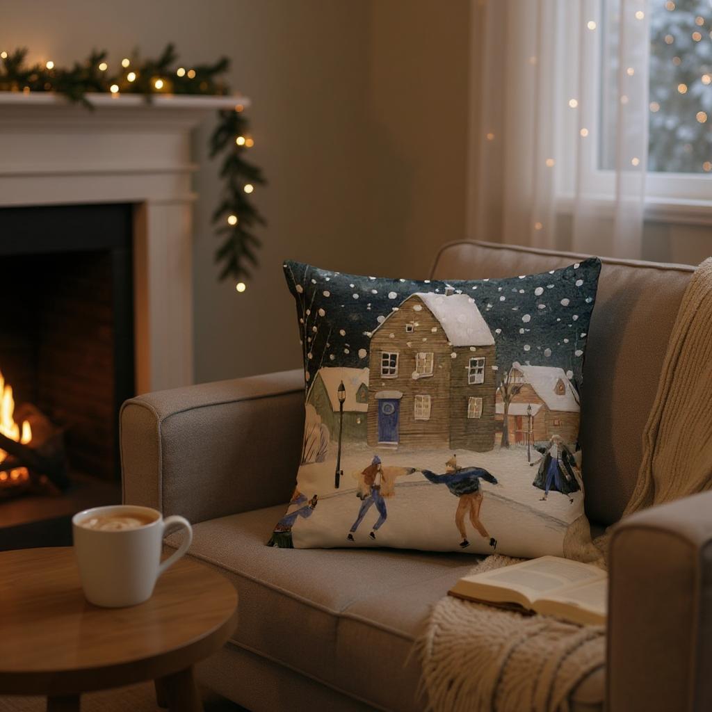 Winter Village Cushion Cover – 43x43 cm | Cozy Snowy Night Design