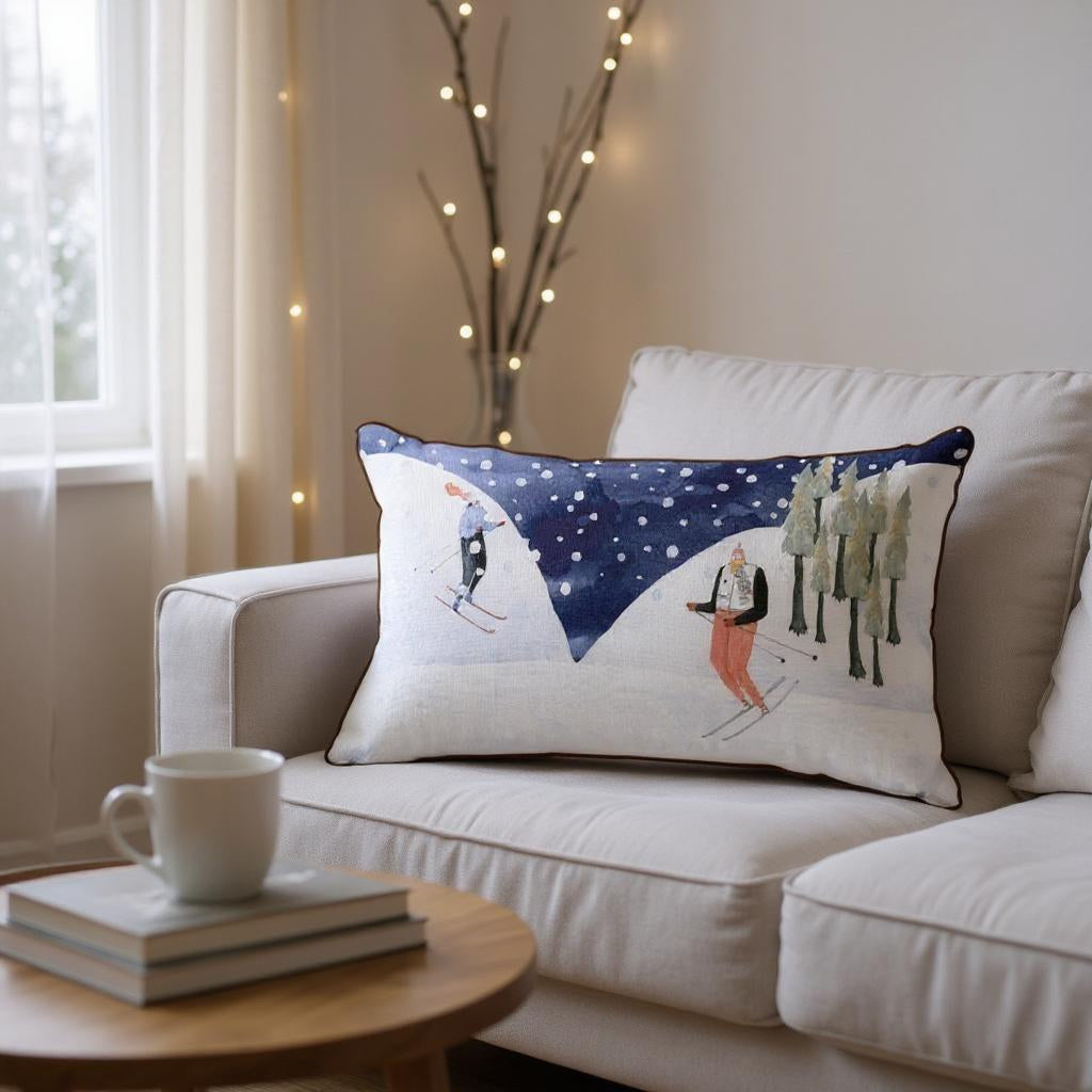 Winter Ski Scene Lumbar Cushion Cover – 30x50 cm | Snowy Mountain Design