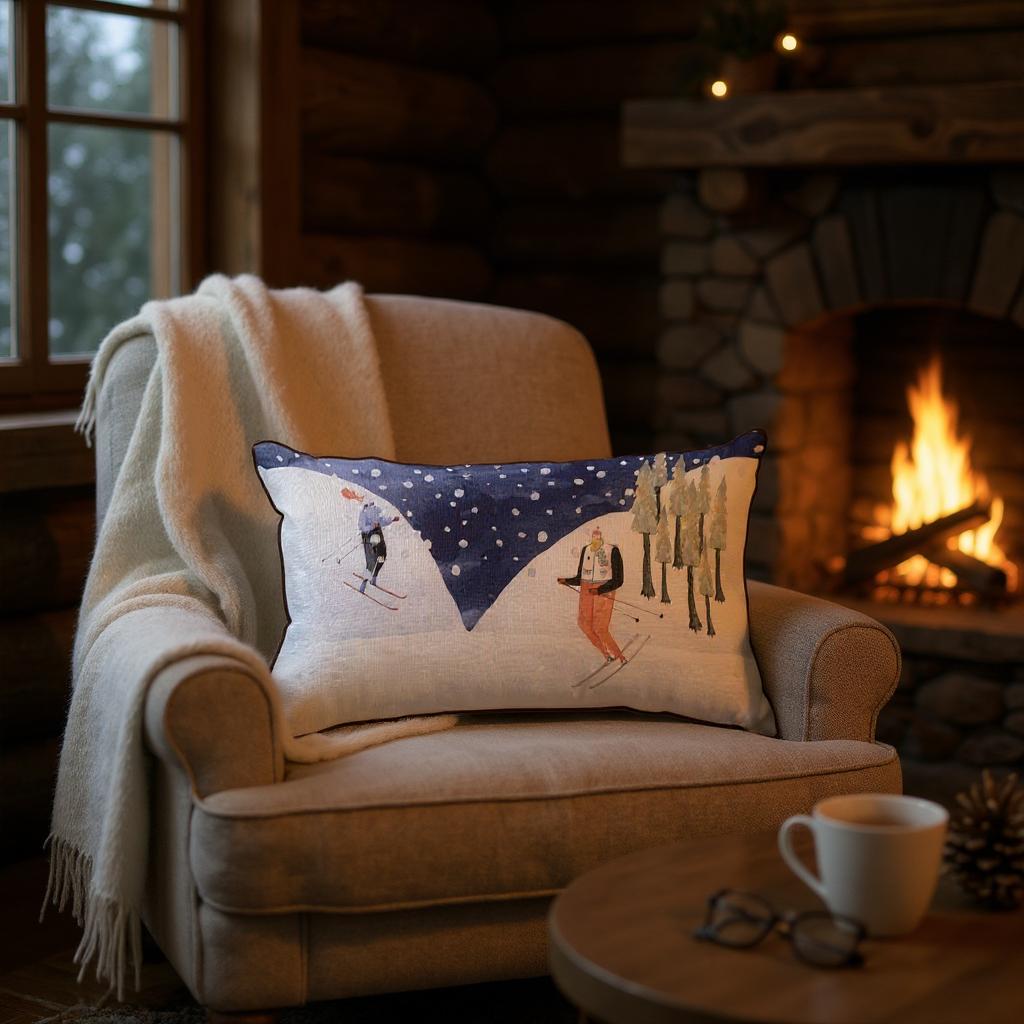 Winter Ski Scene Lumbar Cushion Cover – 30x50 cm | Snowy Mountain Design