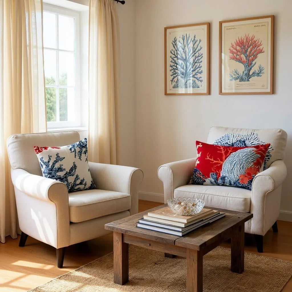 Mediterranean Coral Reef Cushion Cover – Blue & Red, Nautical Coastal Cushion Covers