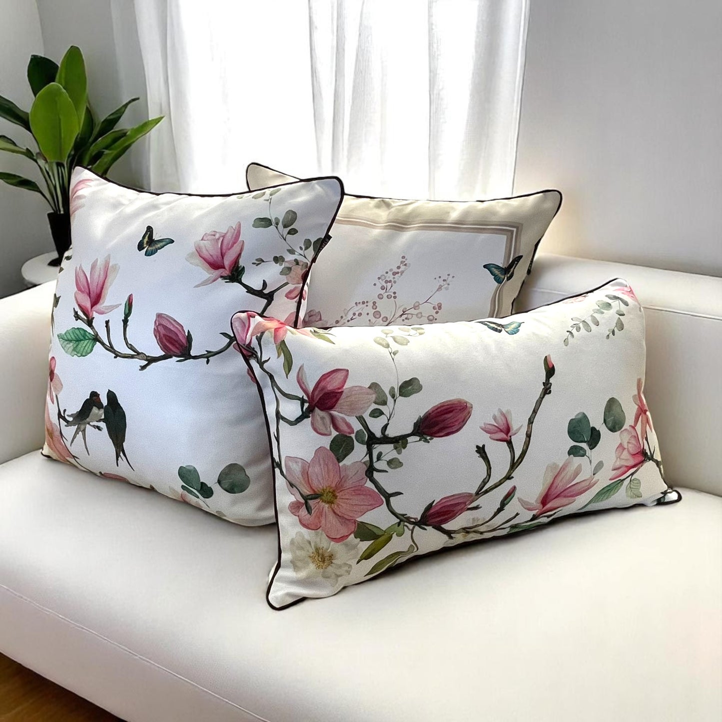 Floral Bird & Magnolia Pillow Covers Set, Indoor-Outdoor Elegant Piping Cushion Covers