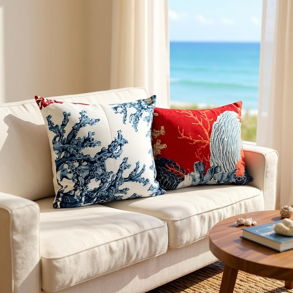 Mediterranean Coral Reef Cushion Cover – Blue & Red, Nautical Coastal Cushion Covers