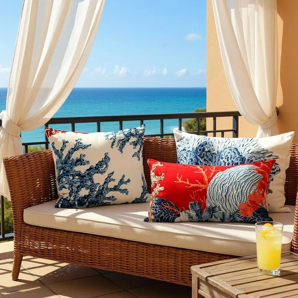 Mediterranean Coral Reef Cushion Cover – Blue & Red, Nautical Coastal Cushion Covers