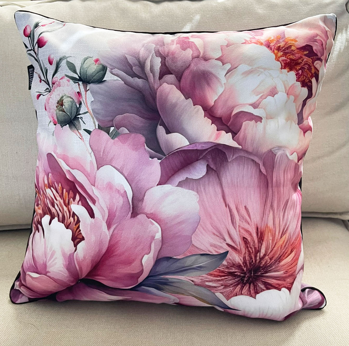 Peony & Bird Cushion Cover Set, Floral Throw Pillow Covers with Piping, Double-Sided Print Sofa Decor
