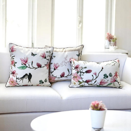 Floral Bird & Magnolia Pillow Covers Set, Indoor-Outdoor Elegant Piping Cushion Covers