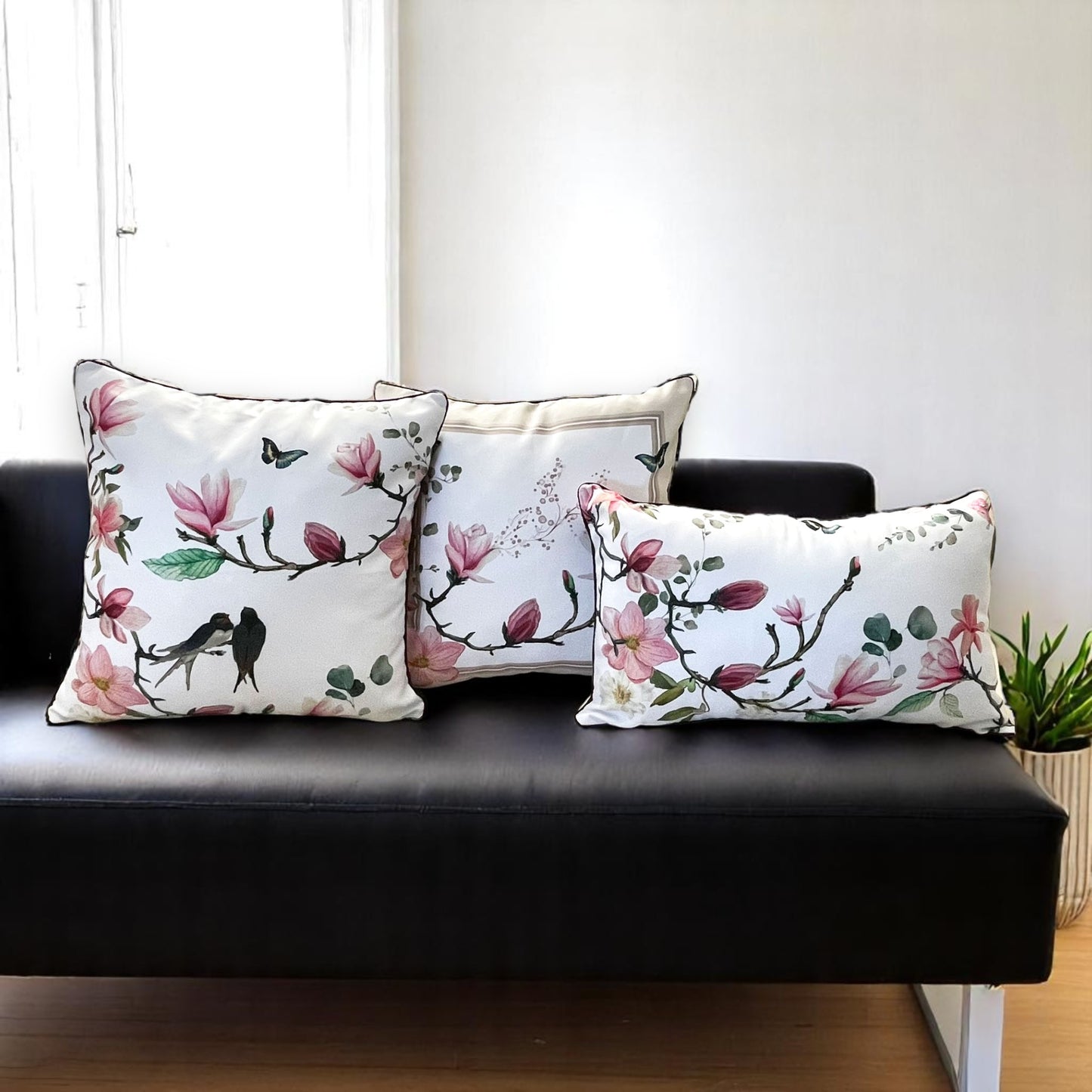 Floral Bird & Magnolia Pillow Covers Set, Indoor-Outdoor Elegant Piping Cushion Covers