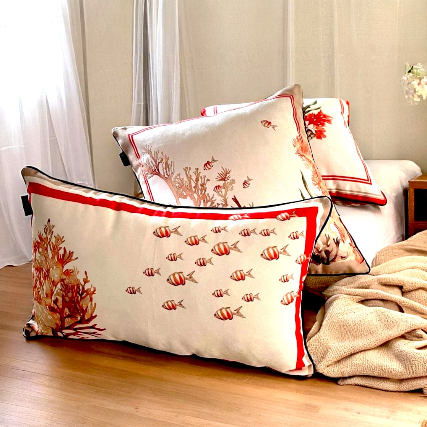 Coastal Coral Cushion Covers Set – Double-Sided Velvet Feel Piping Pillow Covers