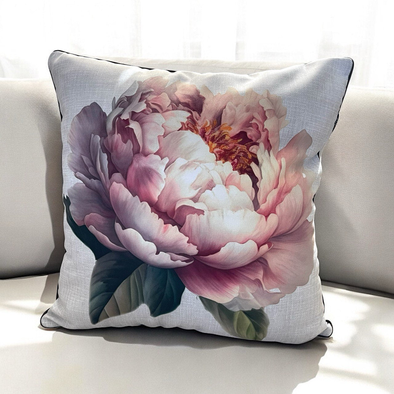 Peony & Bird Cushion Cover Set, Floral Throw Pillow Covers with Piping, Double-Sided Print Sofa Decor
