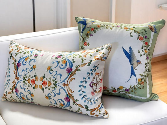 Throw Pillow Set, Bird & Floral Pillow Cover Set, Double-Sided Cushion Covers with Piping