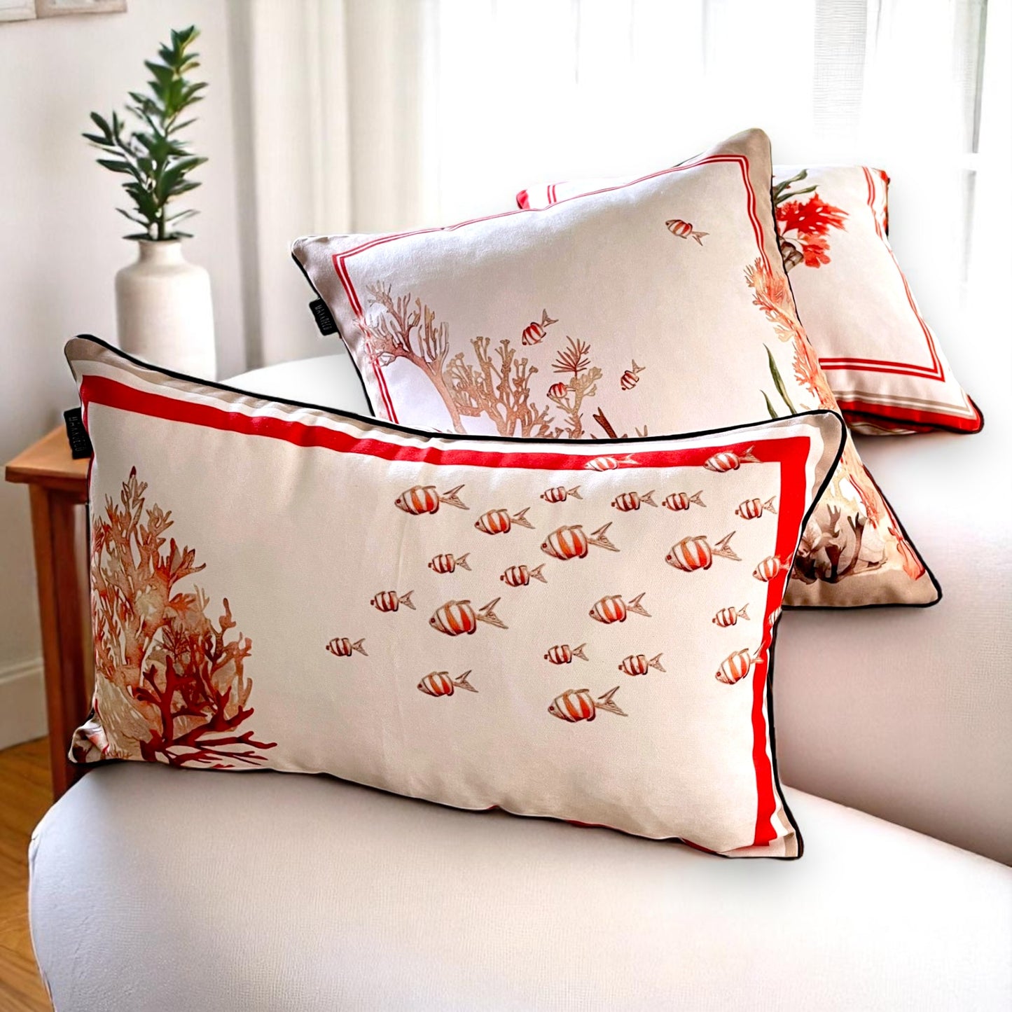 Coastal Coral Cushion Covers Set – Double-Sided Velvet Feel Piping Pillow Covers