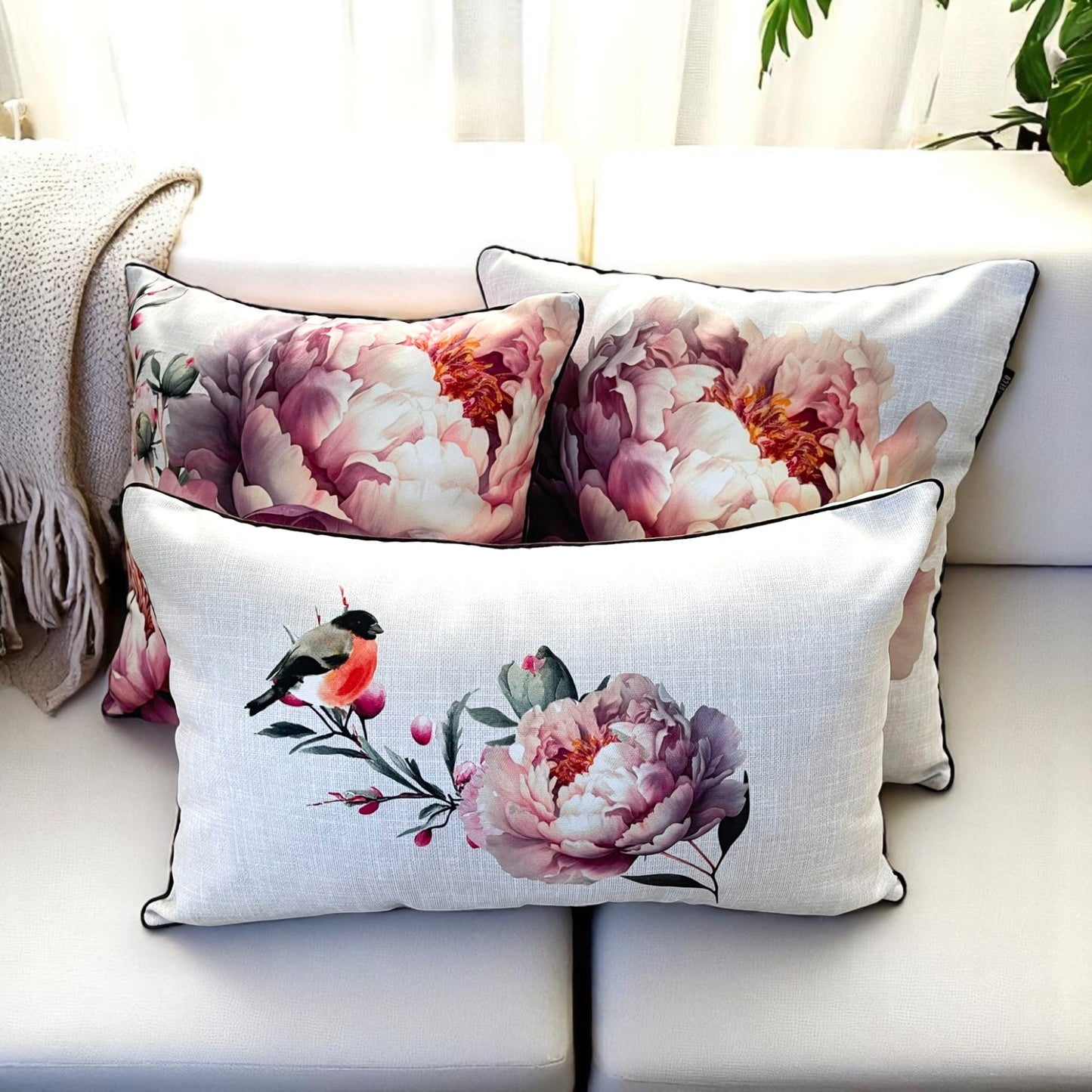Peony & Bird Cushion Cover Set, Floral Throw Pillow Covers with Piping, Double-Sided Print Sofa Decor