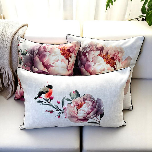 Peony & Bird Cushion Cover Set, Floral Throw Pillow Covers with Piping, Double-Sided Print Sofa Decor