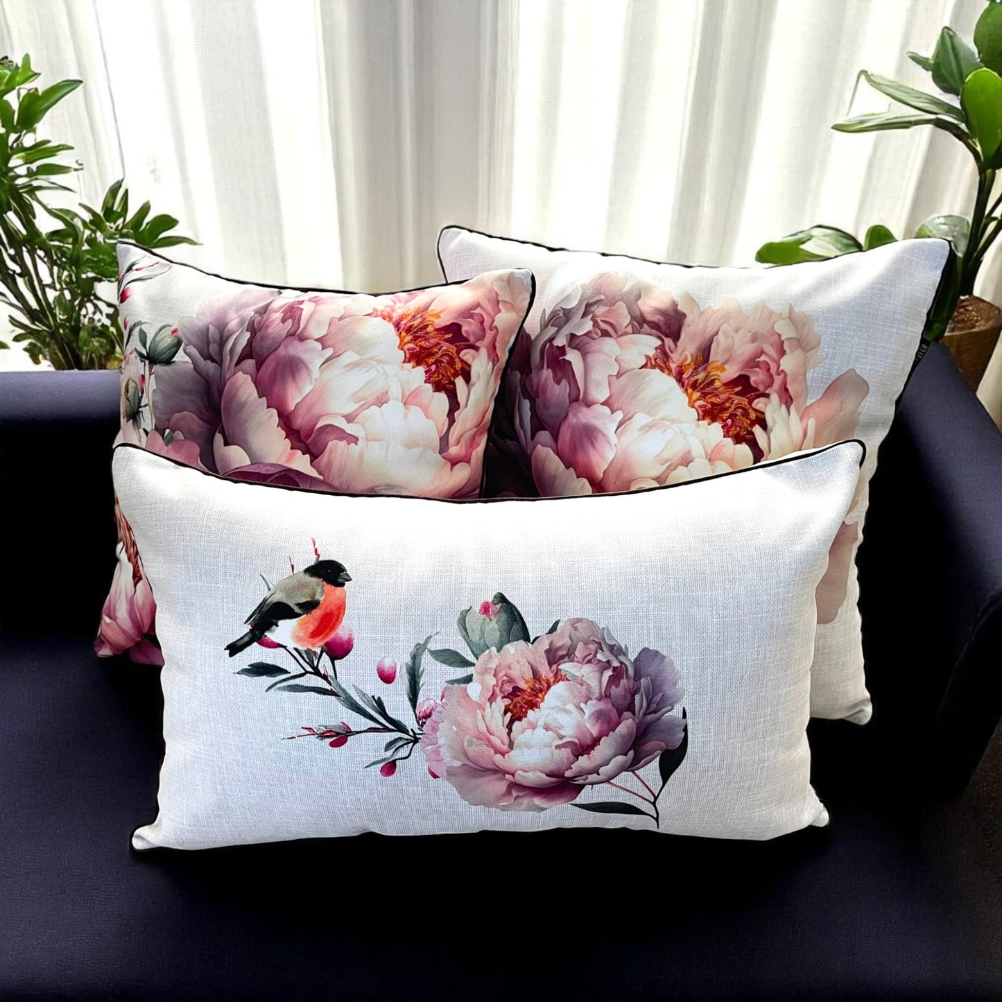 Peony & Bird Cushion Cover Set, Floral Throw Pillow Covers with Piping, Double-Sided Print Sofa Decor