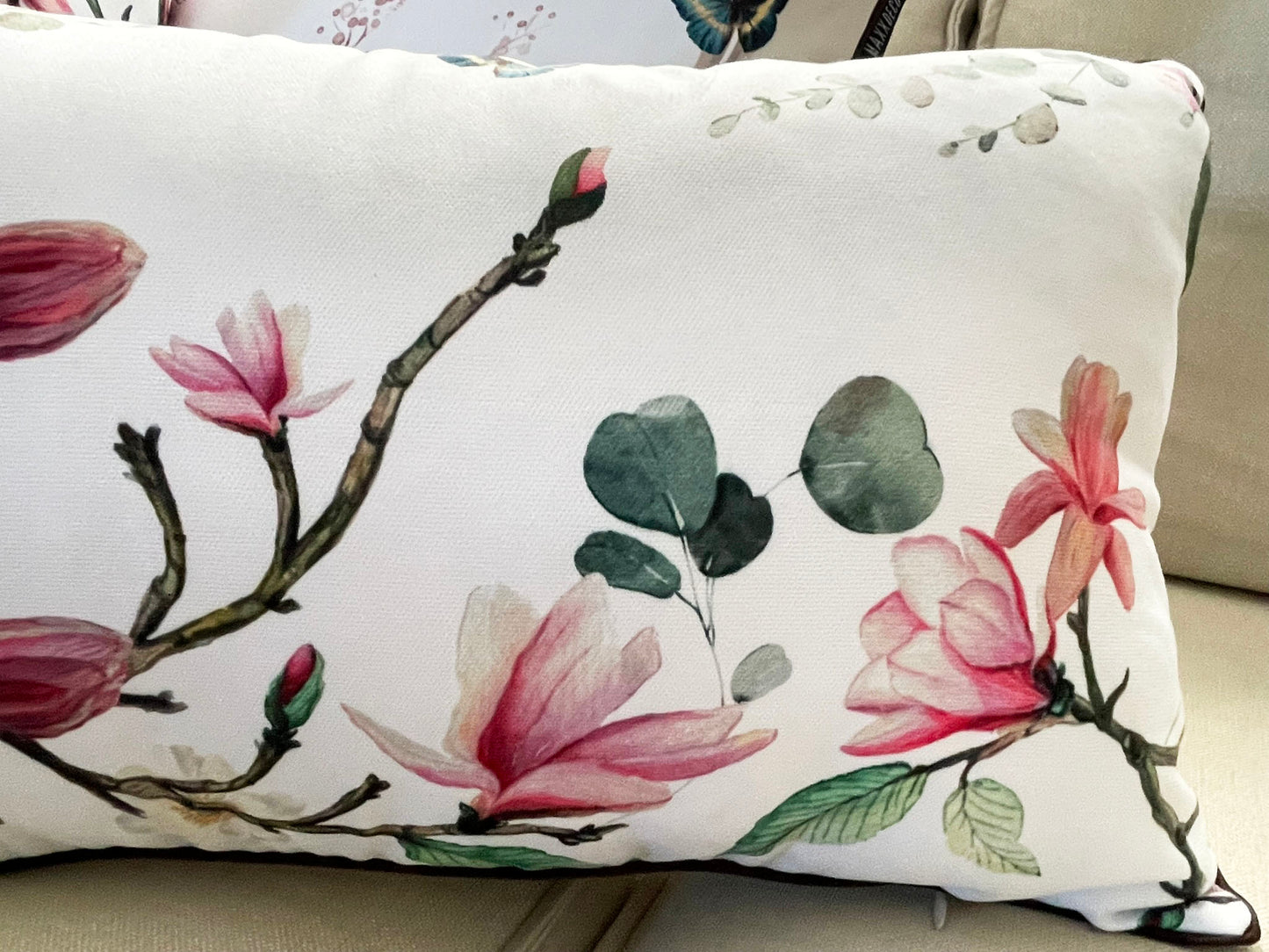 Floral Bird & Magnolia Pillow Covers Set, Indoor-Outdoor Elegant Piping Cushion Covers