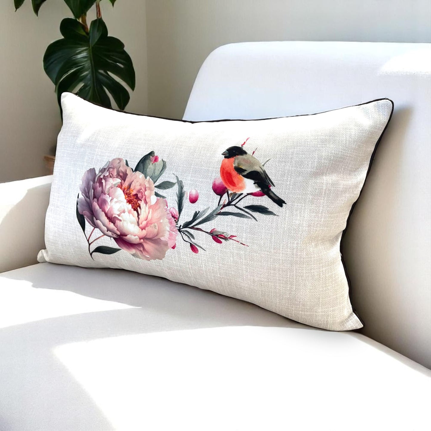 Peony & Bird Cushion Cover Set, Floral Throw Pillow Covers with Piping, Double-Sided Print Sofa Decor