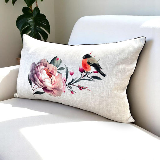 Peony & Bird Cushion Cover Set, Floral Throw Pillow Covers with Piping