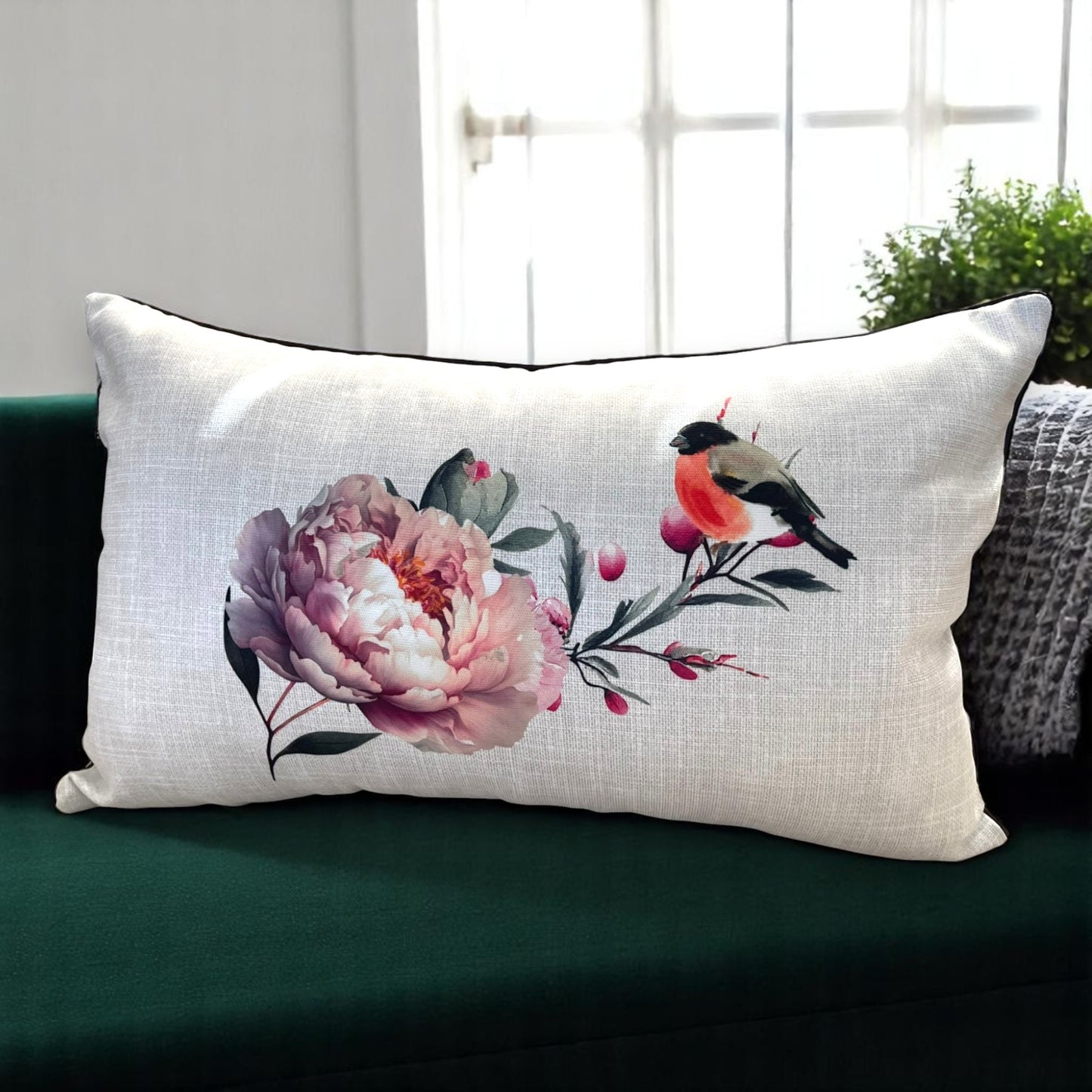 Peony & Bird Cushion Cover Set, Floral Throw Pillow Covers with Piping, Double-Sided Print Sofa Decor