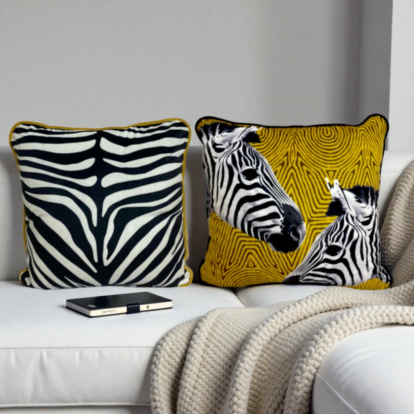 Zebra Print Decorative Pillow Cover with Yellow Piping – Modern Velvet Cushion Cover 43x43 cm