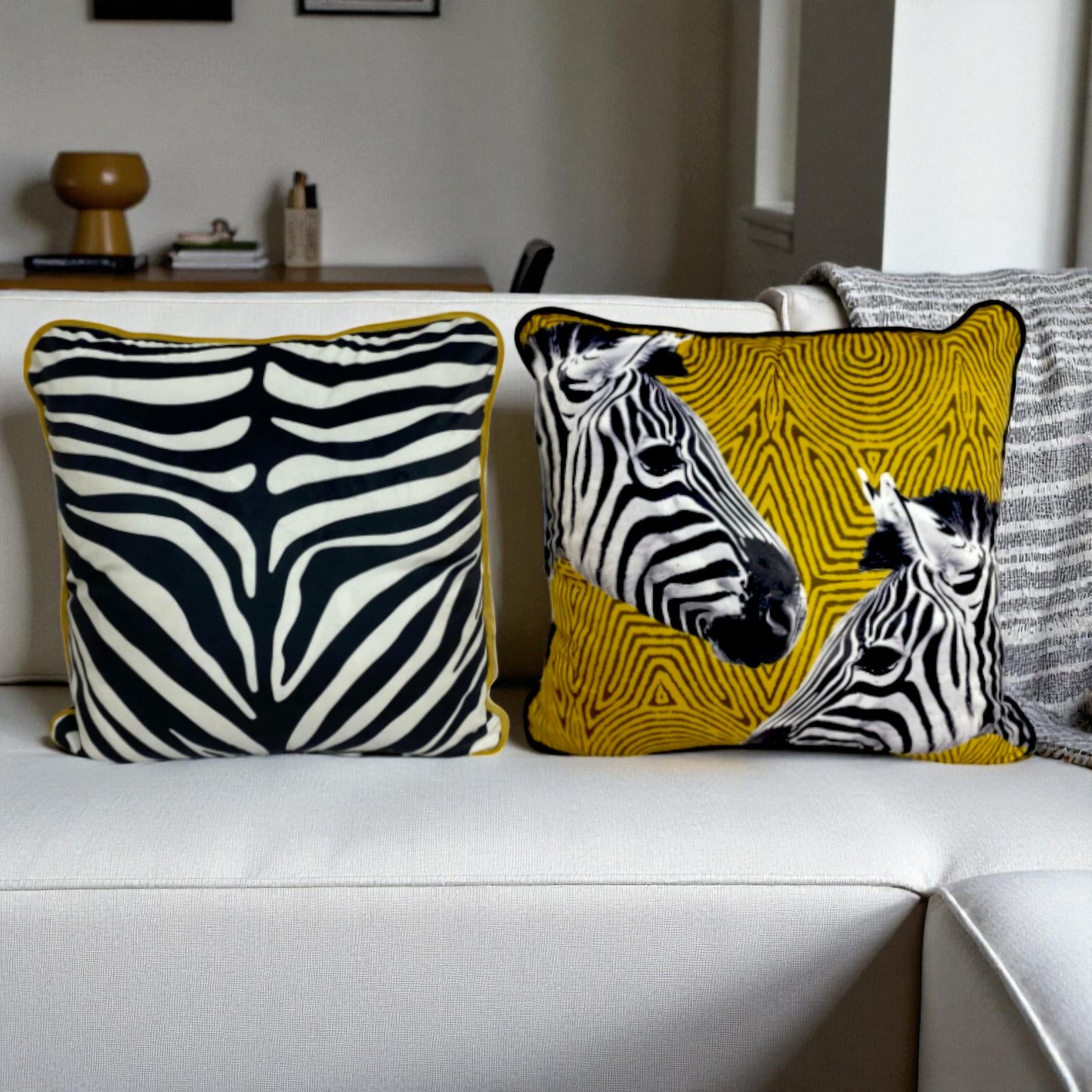 Zebra Print Decorative Pillow Cover with Yellow Piping – Modern Velvet Cushion Cover 43x43 cm