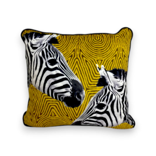 Zebra Print Decorative Pillow Cover with Yellow Piping – Modern Velvet Cushion Cover 43x43 cm