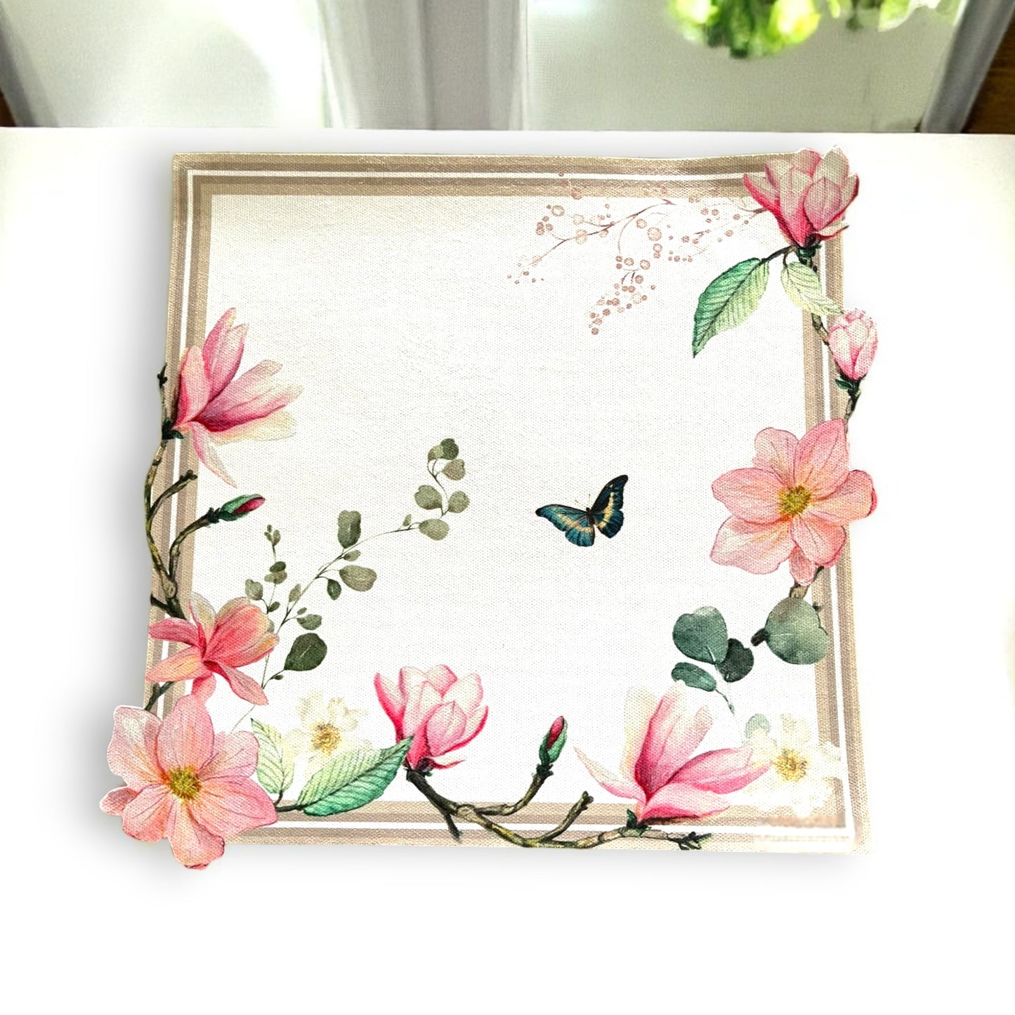 Set of 4 Floral Placemats with Matching Napkins, Napkin Rings | Magnolia Table Decor Set| Spring Table Setting | 3D-look print on fabric