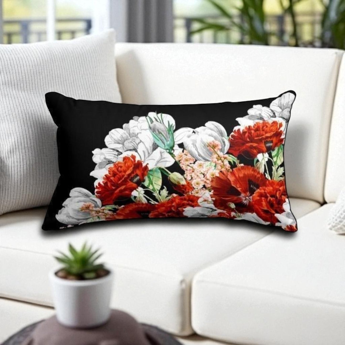 Black Floral Lumbar Pillow Cover – Red & White Bloom Design (30x50 cm)